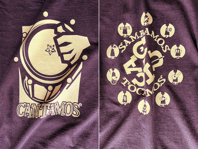 CUICA(クイーカ)Tシャツ-CANTAMOS歌おう SAMBAMOSサンバしよう TOCAMOS鳴らそう-hinolismo-迷えるボルドー実例集