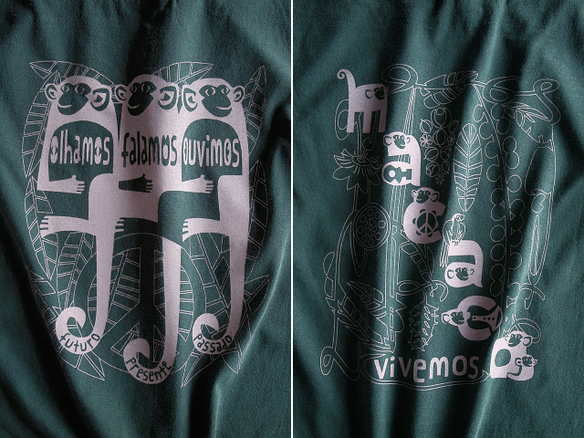 MACACO(猿)Ｔシャツ-olhamos(見よう)falamos(言おう)ouvimos(聞こう)-hinolismo-迷えるアイミドリ