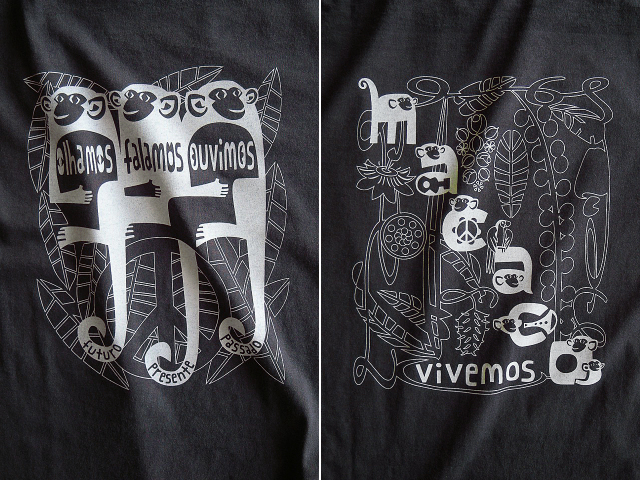 MACACO(猿)Tシャツ-olhamos(見よう)falamos(言おう)ouvimos(聞こう)-hinolismo-迷えるブラック