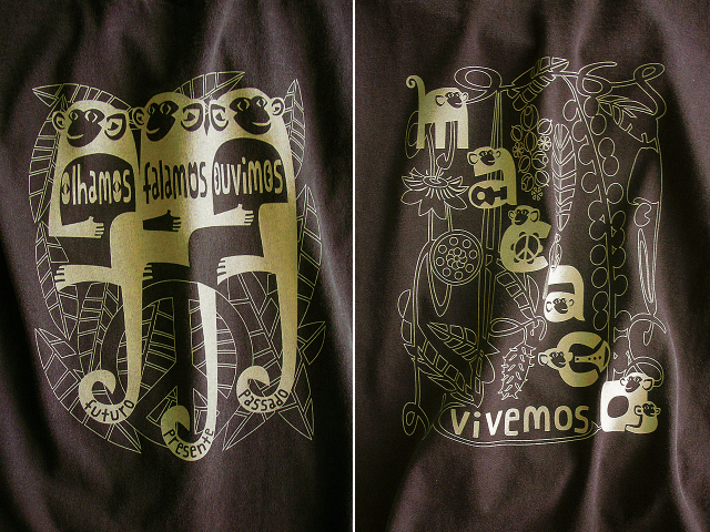 MACACO(猿)Ｔシャツ-olhamos(見よう)falamos(言おう)ouvimos(聞こう)-hinolismo-迷えるブラウン