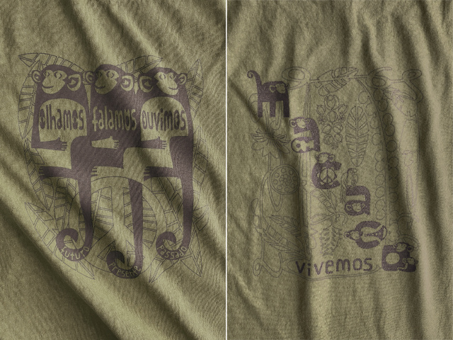 MACACO(猿)Ｔシャツ-olhamos(見よう)falamos(言おう)ouvimos(聞こう)-hinolismo迷えるＴシャツ-カーキ実例集