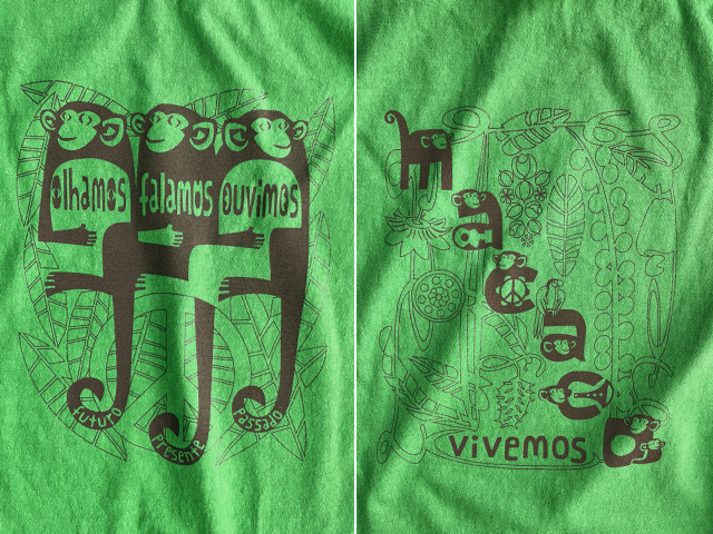 MACACO(猿)Ｔシャツ-olhamos(見よう)falamos(言おう)ouvimos(聞こう)-hinolismo-迷えるライムグリーン