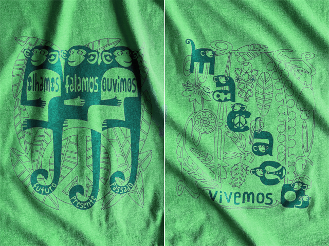 MACACO(猿)Tシャツ-olhamos(見よう)falamos(言おう)ouvimos(聞こう)-hinolismo-迷えるライムグリーン