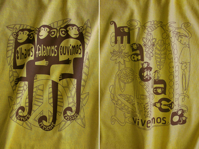 MACACO(猿)Ｔシャツ-olhamos(見よう)falamos(言おう)ouvimos(聞こう)-hinolismo-迷えるマスタード